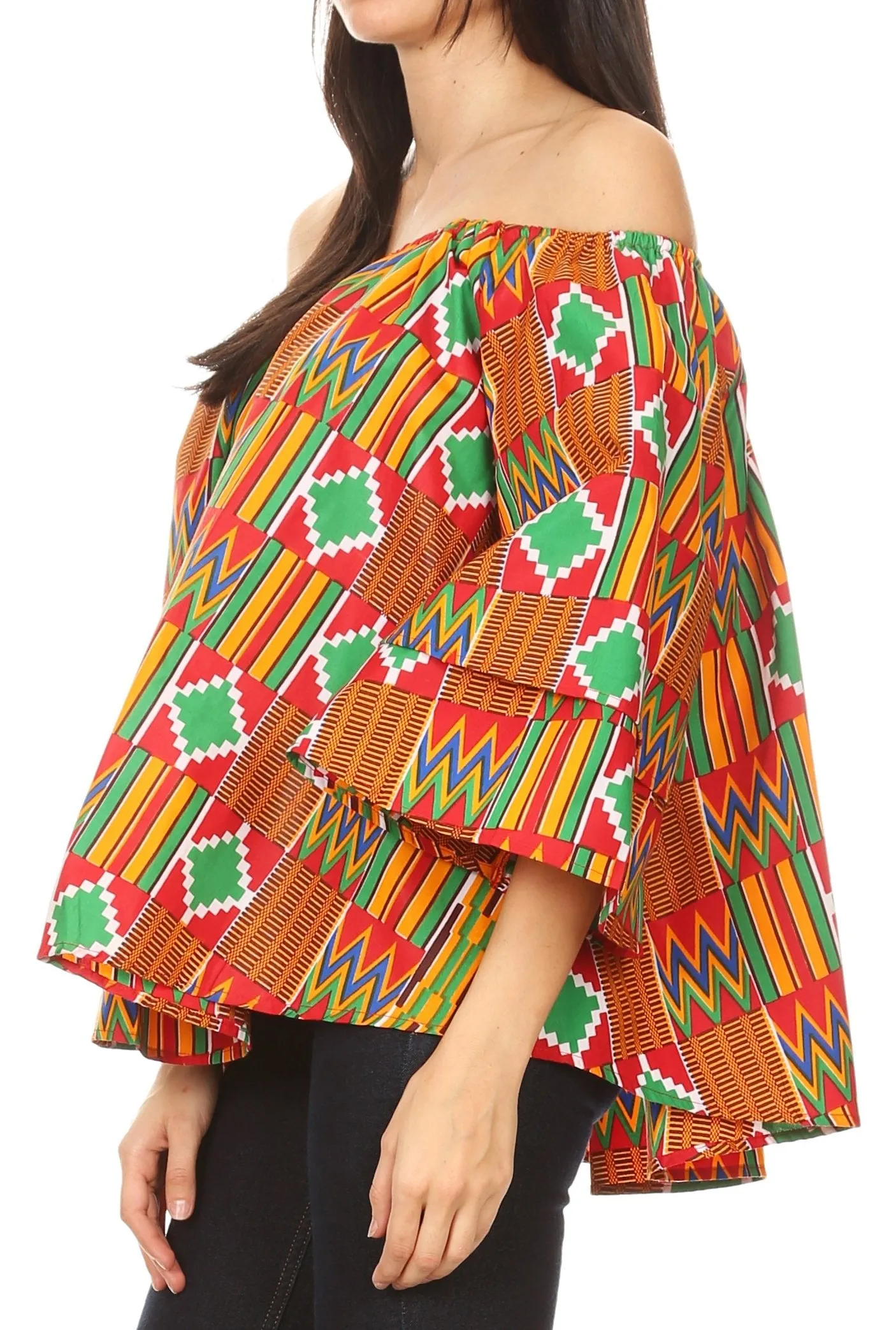 Sakkas Oni Women's Off the Shoulder African Ankara Wax Print Blouse Top Oversize