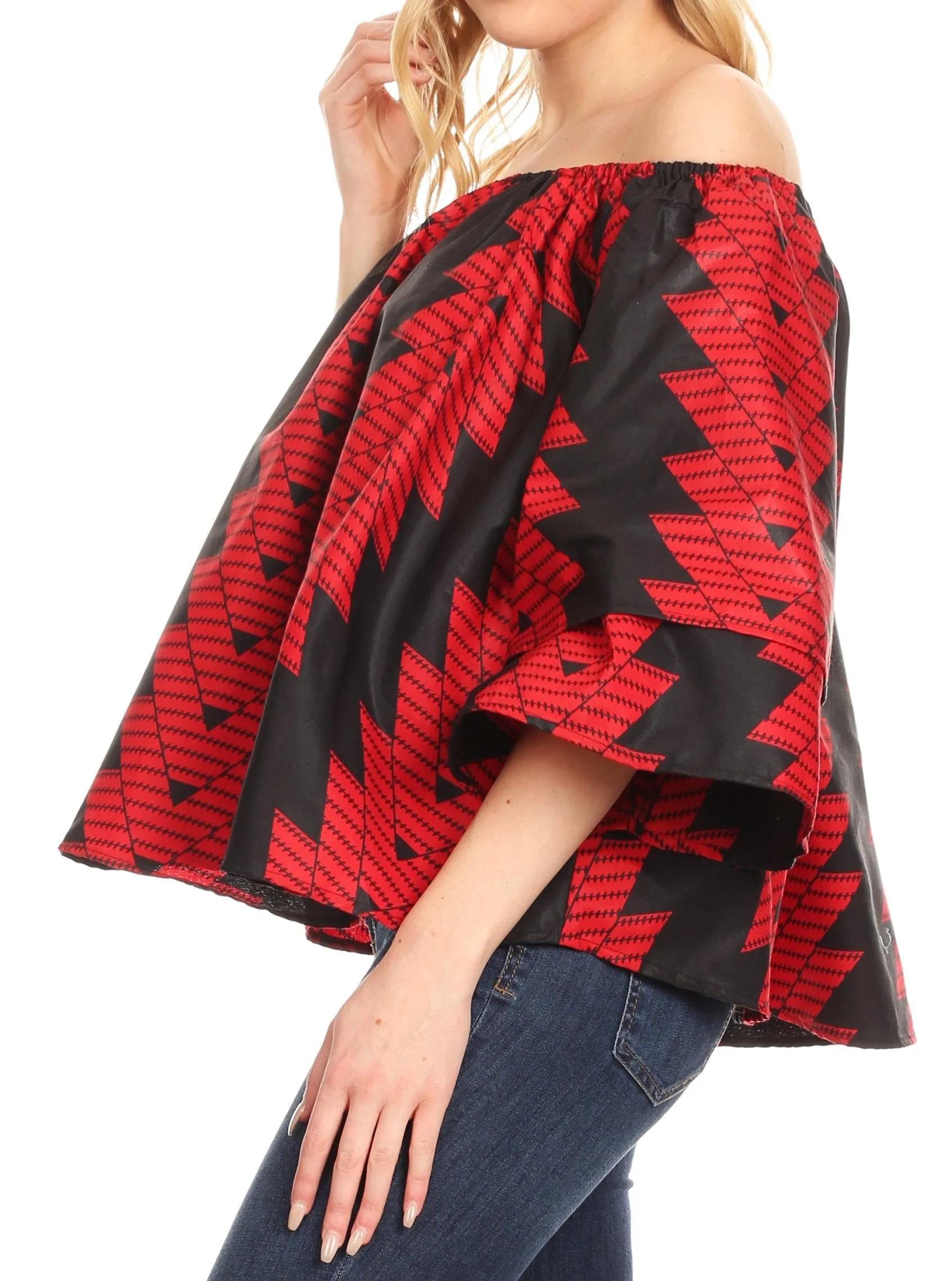 Sakkas Oni Women's Off the Shoulder African Ankara Wax Print Blouse Top Oversize