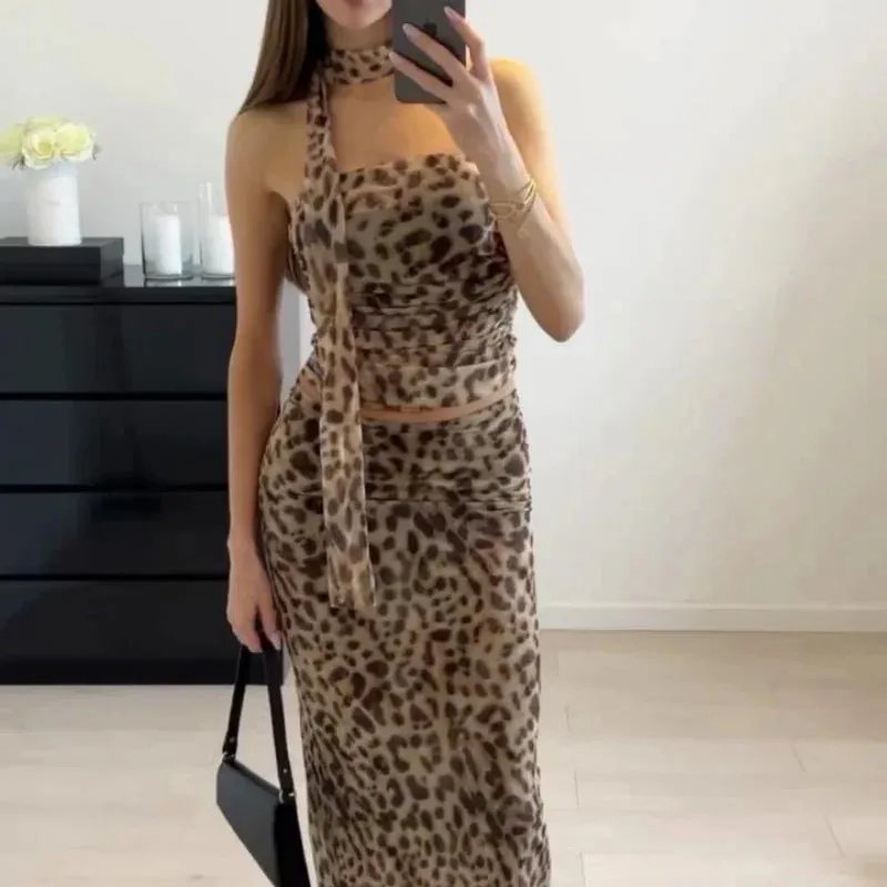 Sexy Printed Silk Screen Tube Top Skirt Suit Women Slim Sleeve Lace Tops High Waist Skirts Sets Female New Lady Party Suits