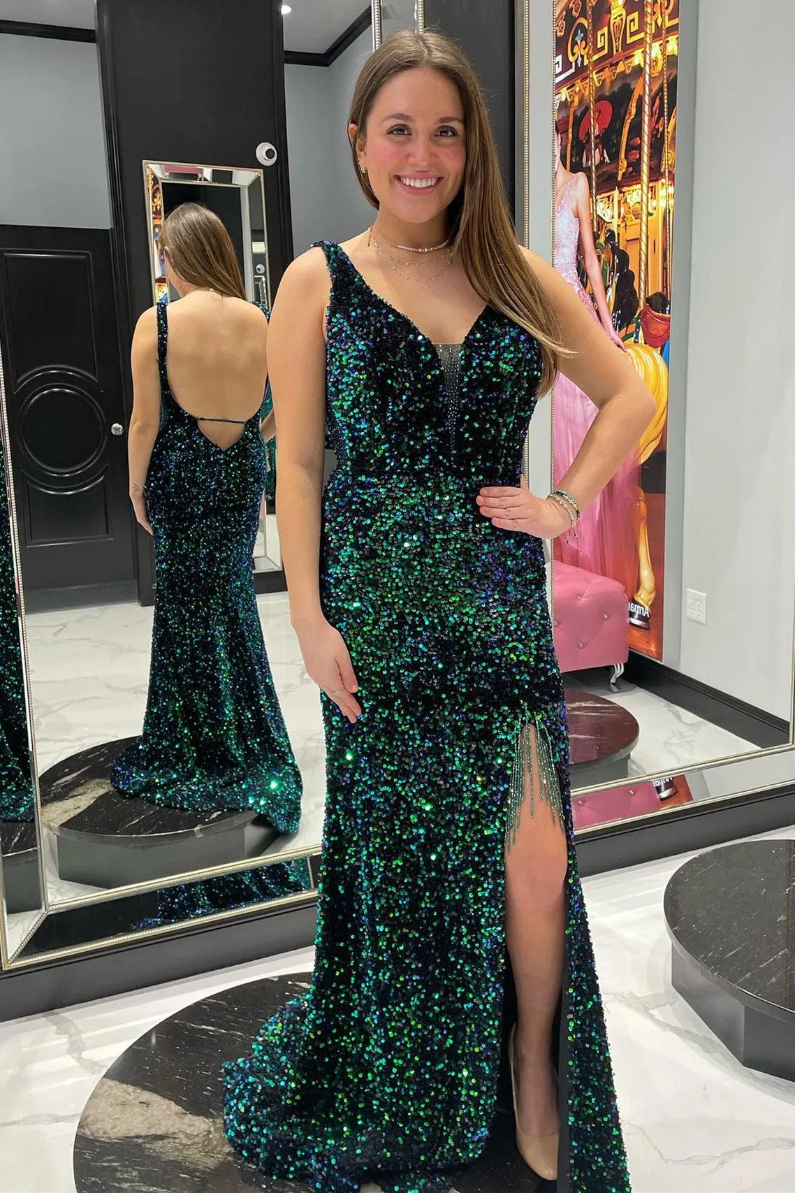 Shiny Green Iridescent Sequin Mermaid Long Prom Dress with Tassel