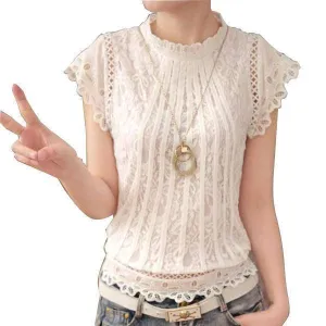 Short Petal Sleeve Floral Lace Tops  Chiffon Blouse Shirt  (US 2-16)