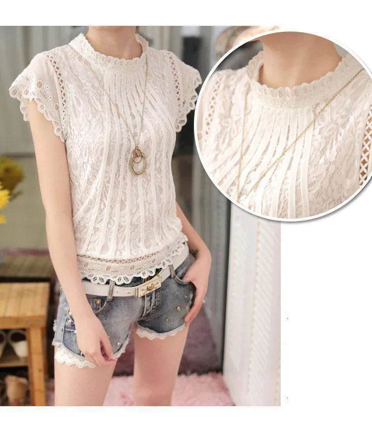 Short Petal Sleeve Floral Lace Tops  Chiffon Blouse Shirt  (US 2-16)