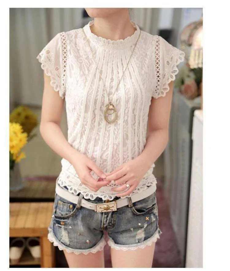 Short Petal Sleeve Floral Lace Tops  Chiffon Blouse Shirt  (US 2-16)