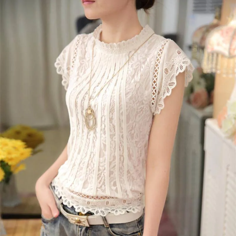 Short Petal Sleeve Floral Lace Tops  Chiffon Blouse Shirt  (US 2-16)