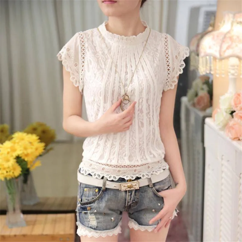 Short Petal Sleeve Floral Lace Tops  Chiffon Blouse Shirt  (US 2-16)