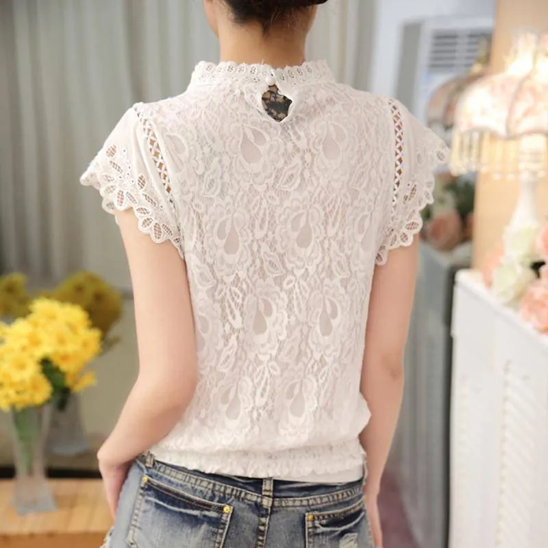 Short Petal Sleeve Floral Lace Tops  Chiffon Blouse Shirt  (US 2-16)