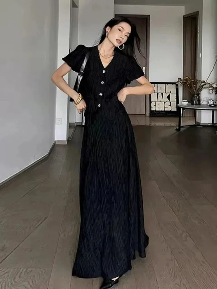 Small Fragrance 2 Piece Set Women V Neck Shirts Short Top   Long Skirt Sets Lady Summer Vintage Fashion Two Piece Suits