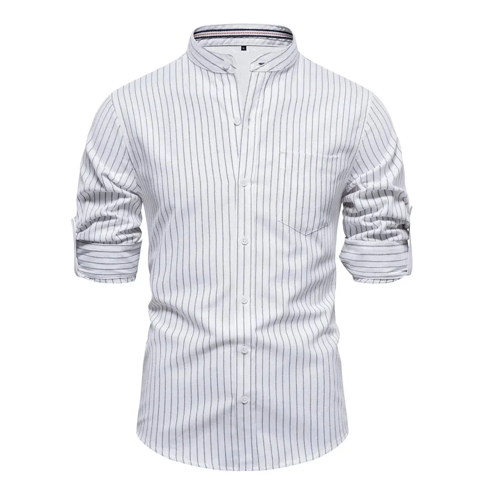 Solid Color Striped Men's Shirts Single Pocket Stand Collar Long-sleeved Shirts for Men New Spring Social Shirts Men