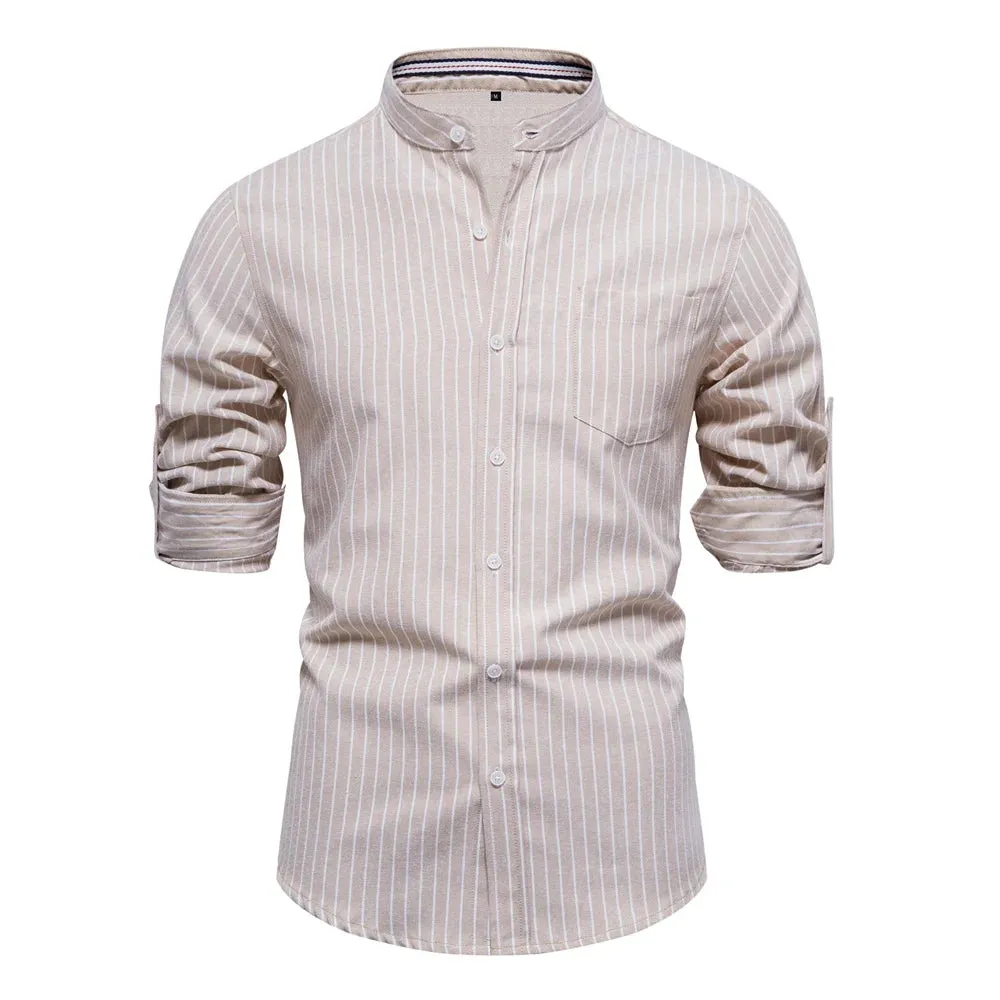 Solid Color Striped Men's Shirts Single Pocket Stand Collar Long-sleeved Shirts for Men New Spring Social Shirts Men