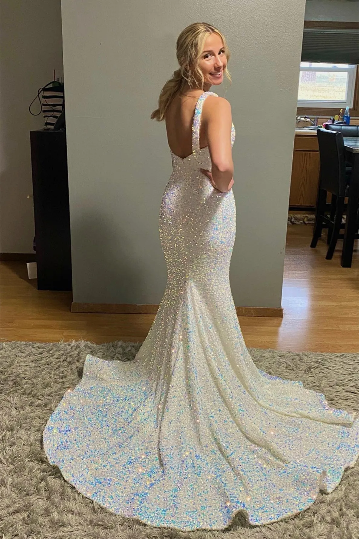 Sparkly Mermaid One Shoulder Sequins Sweeping Long Prom Dress with Slit