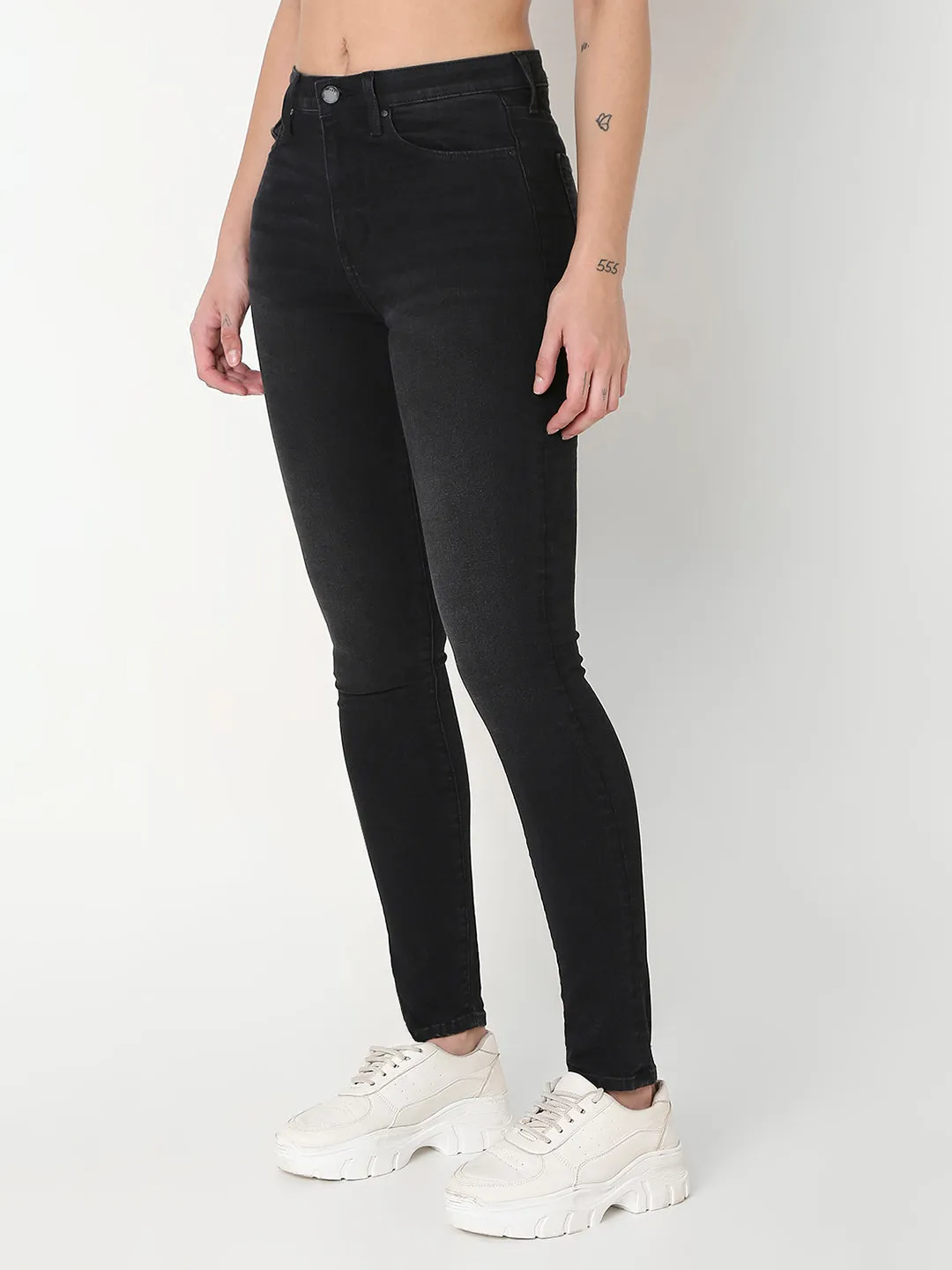 Spykar Black Skinny Fit High-Rise Cotton Blend Jeans For Women