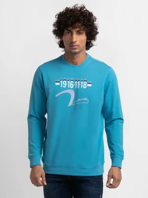 Spykar Cool Blue Cotton Full Sleeve Round Neck Sweatshirt For Men