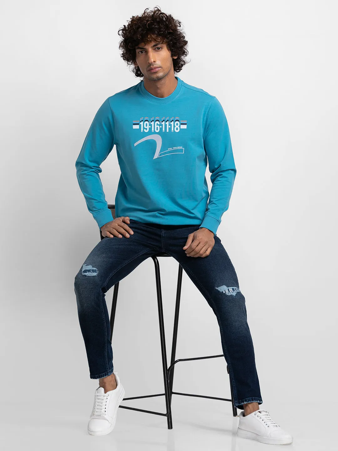 Spykar Cool Blue Cotton Full Sleeve Round Neck Sweatshirt For Men