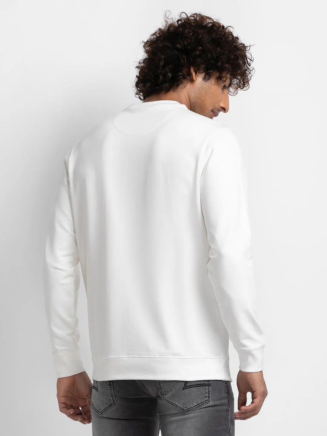 Spykar Ecru Cotton Full Sleeve Round Neck Sweatshirt For Men