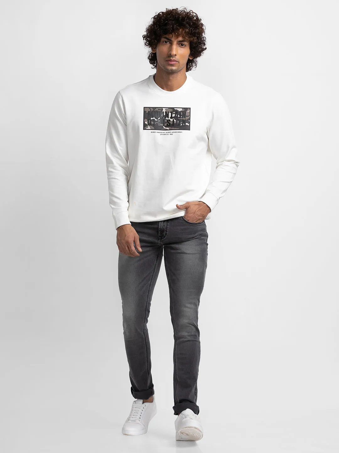 Spykar Ecru Cotton Full Sleeve Round Neck Sweatshirt For Men