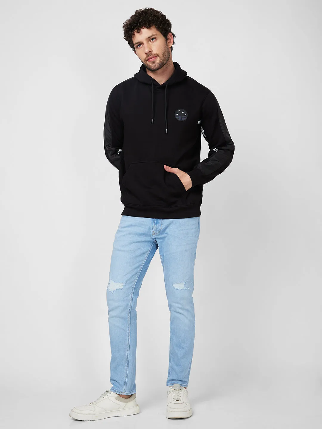 Spykar Hooded Full Sleeve Black Sweatshirt For Men