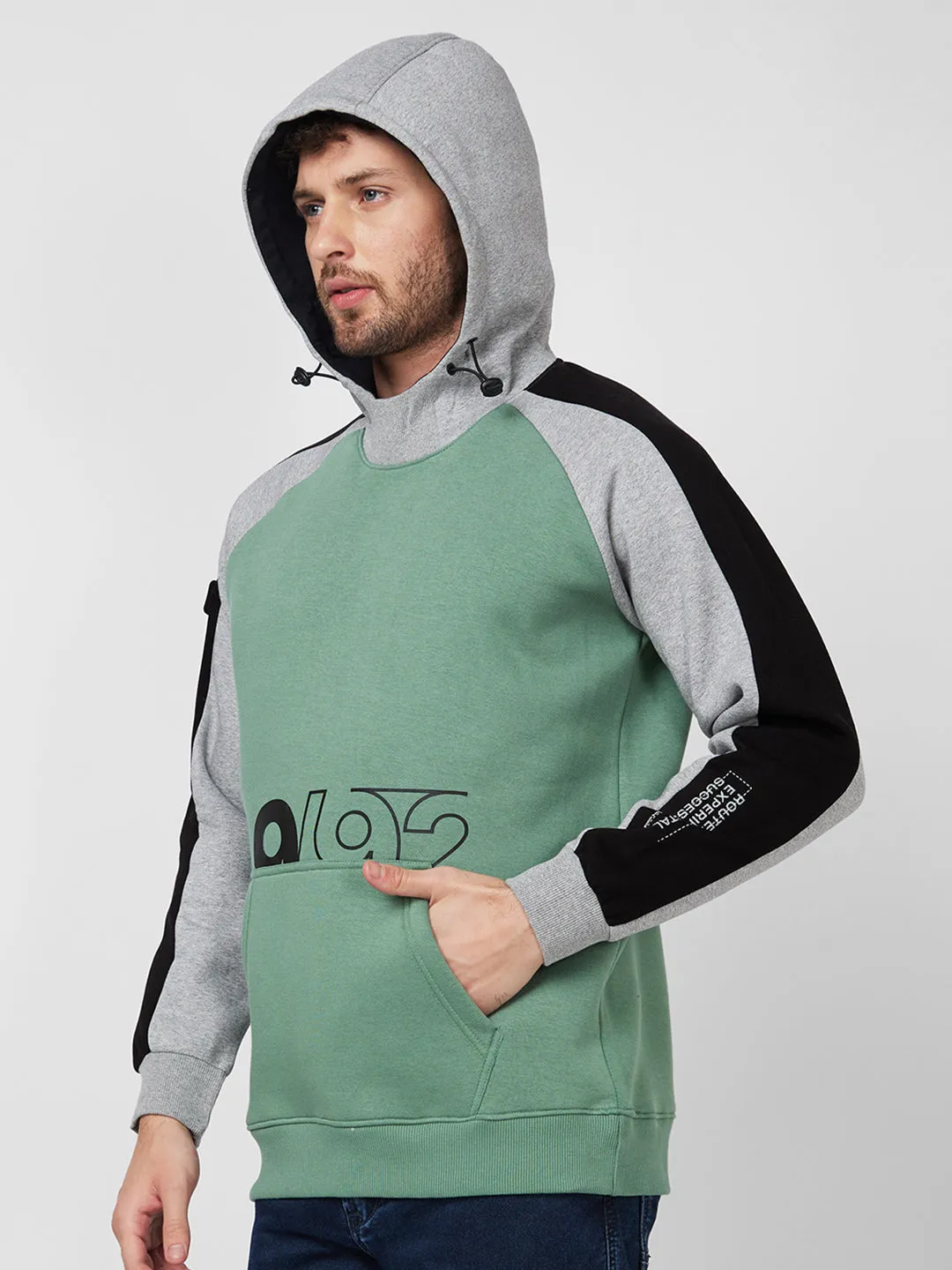 Spykar Hooded Full Sleeve Green Sweatshirt For Men