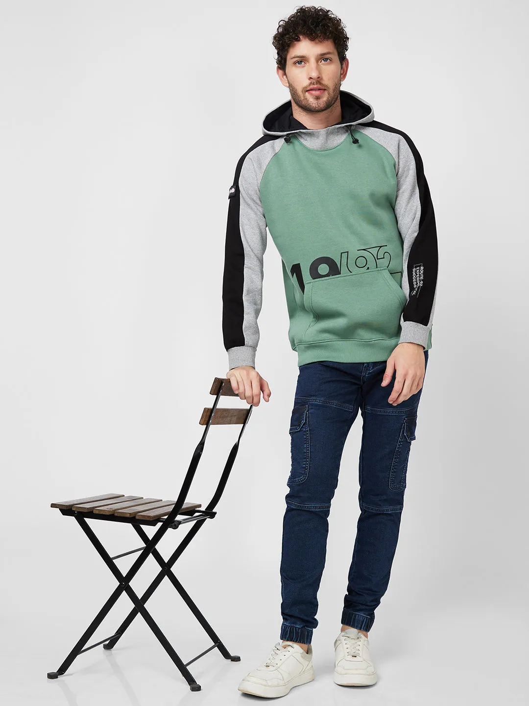 Spykar Hooded Full Sleeve Green Sweatshirt For Men