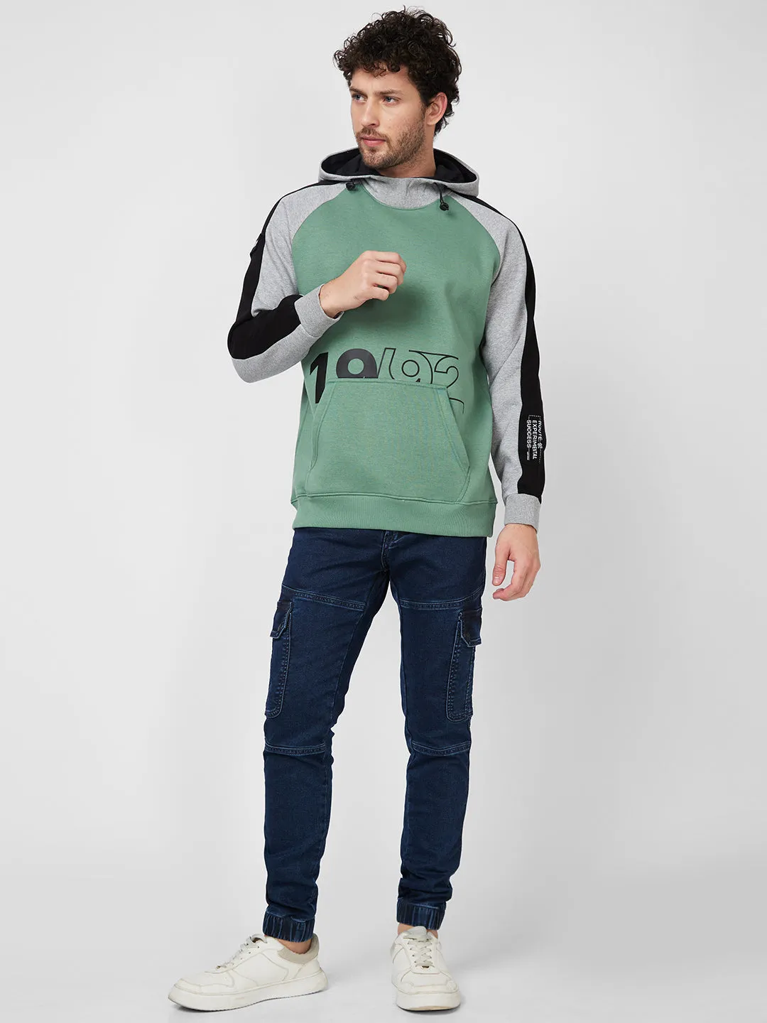 Spykar Hooded Full Sleeve Green Sweatshirt For Men