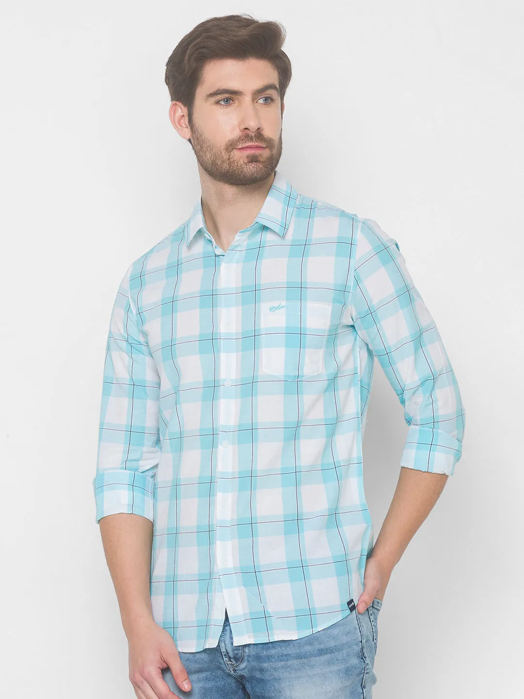 Spykar Men Aqua Blue Cotton Shirts (Slim)