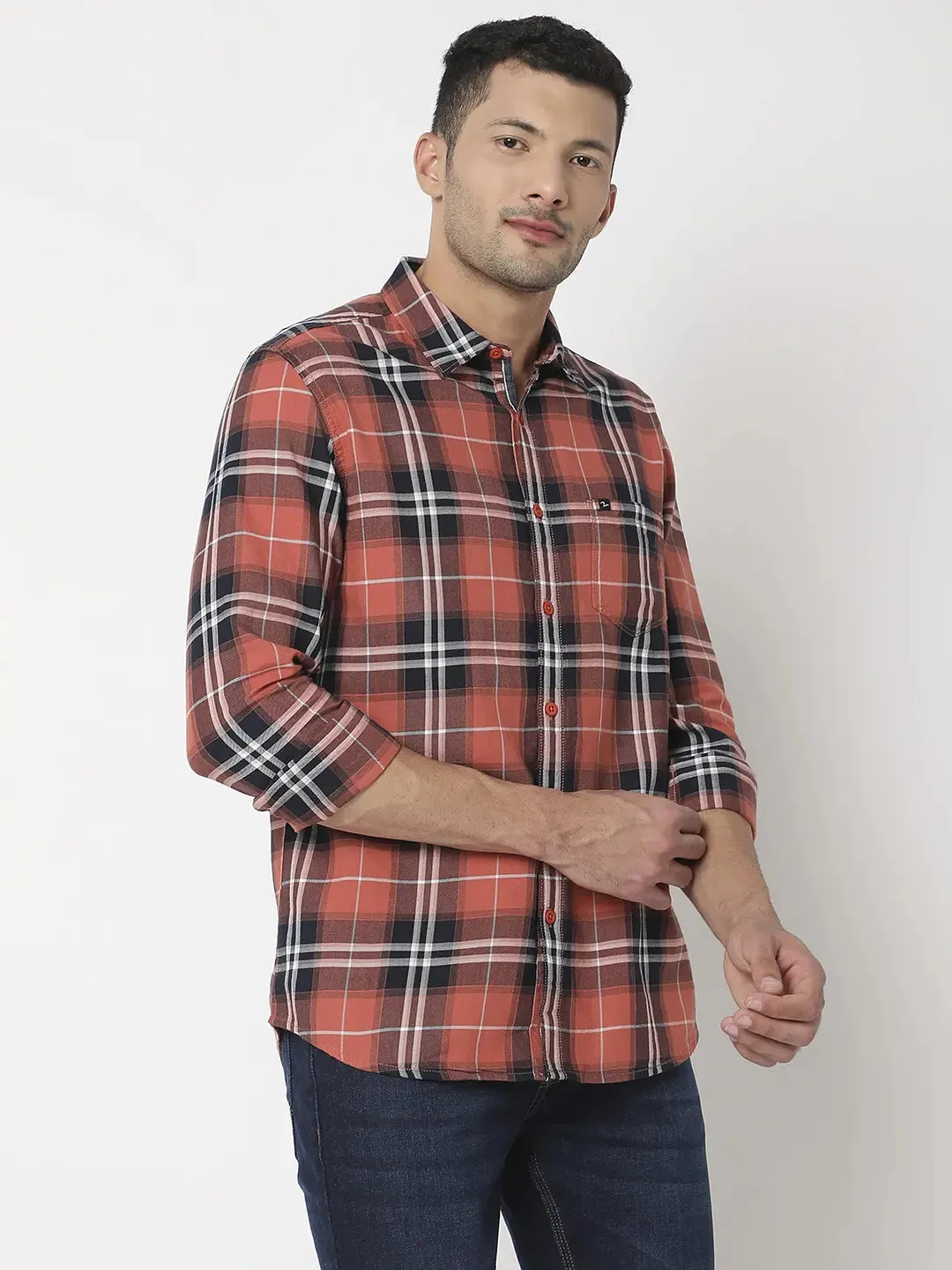 Spykar Men Coral Cotton Slim Fit Checkered Shirt