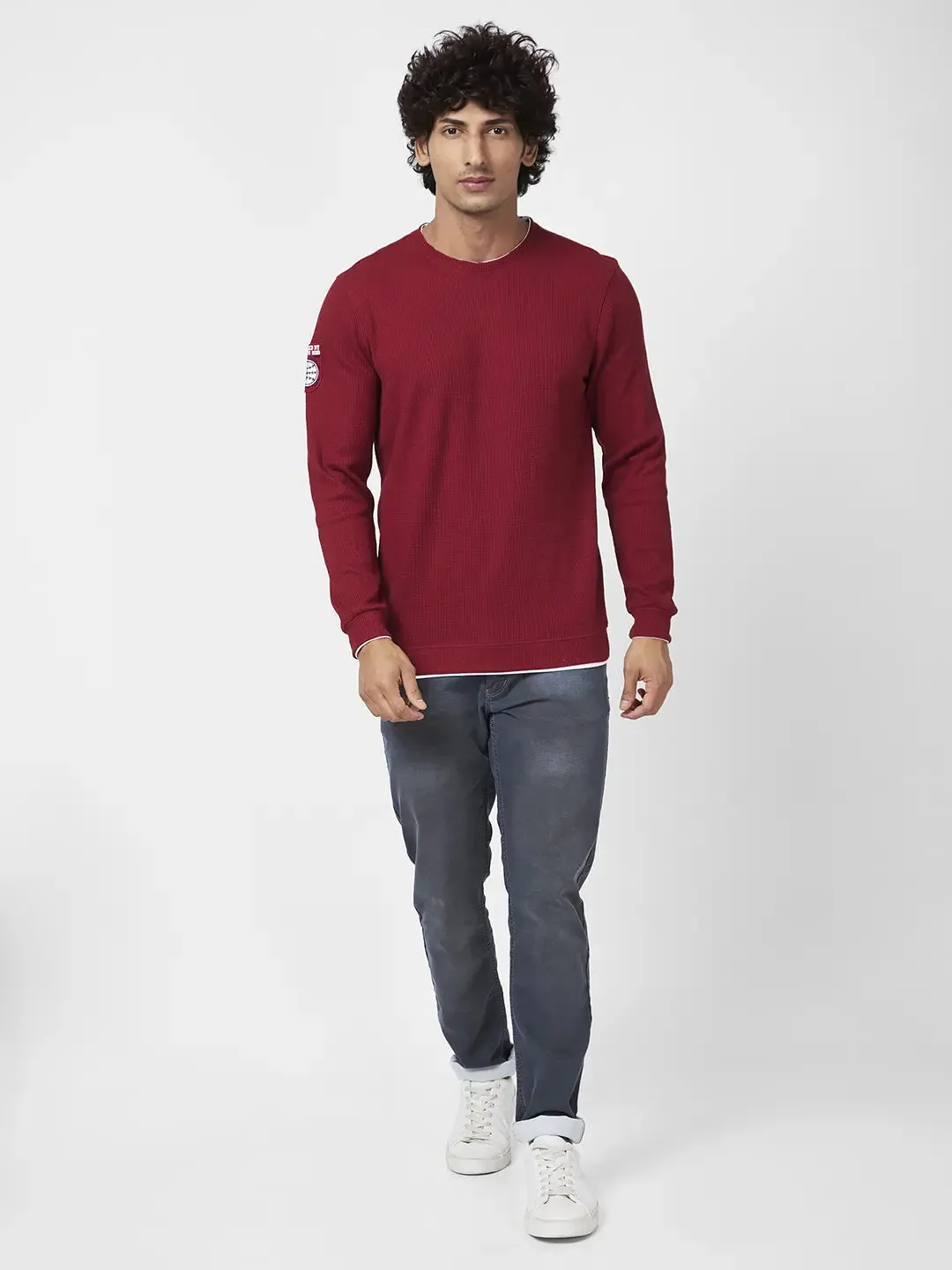 Spykar Men Deep Red Blended Slim Fit Full Sleeve Round Neck Printed Casual Sweatshirt