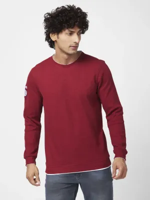 Spykar Men Deep Red Blended Slim Fit Full Sleeve Round Neck Printed Casual Sweatshirt