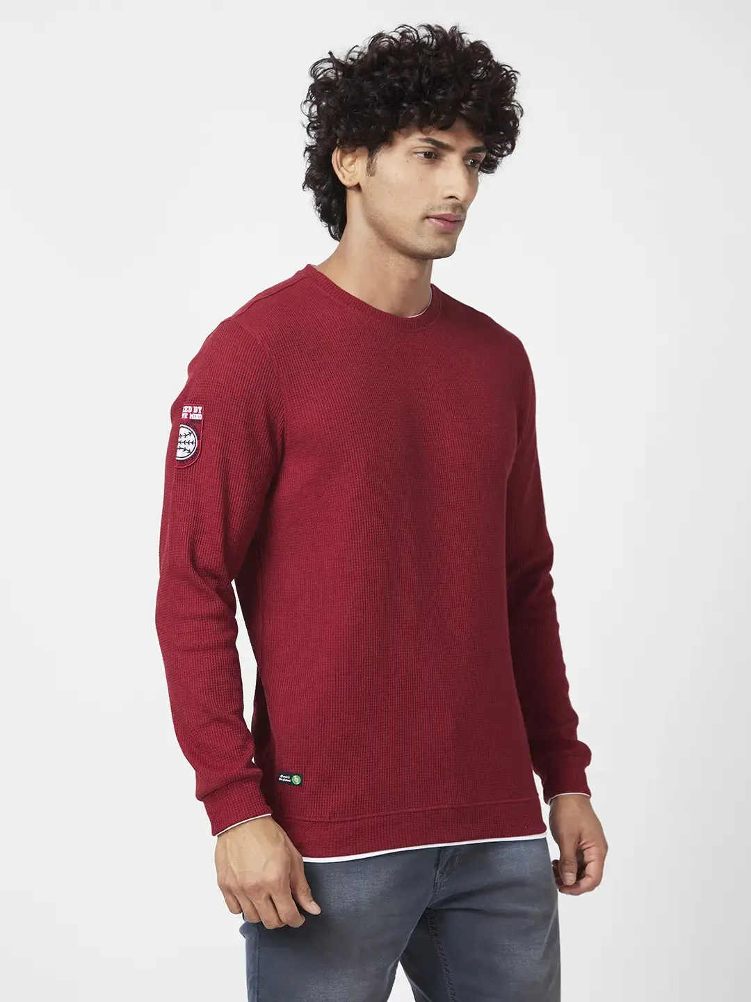 Spykar Men Deep Red Blended Slim Fit Full Sleeve Round Neck Printed Casual Sweatshirt