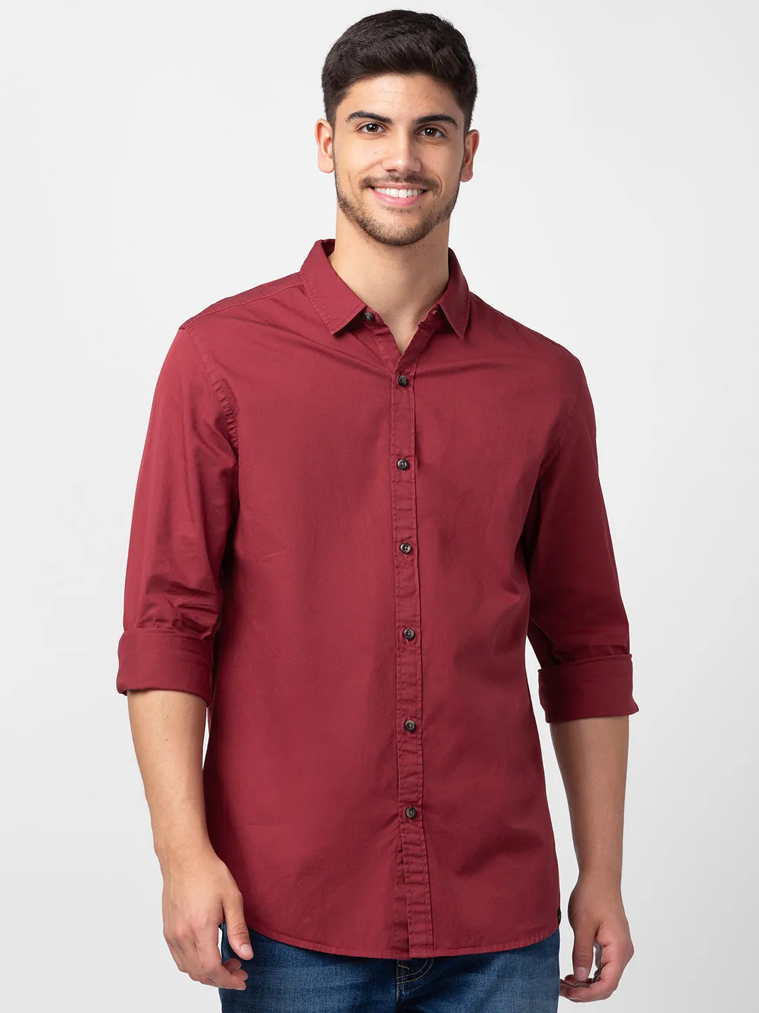 Spykar Men Earthy Red Cotton Slim Fit Plain Shirt