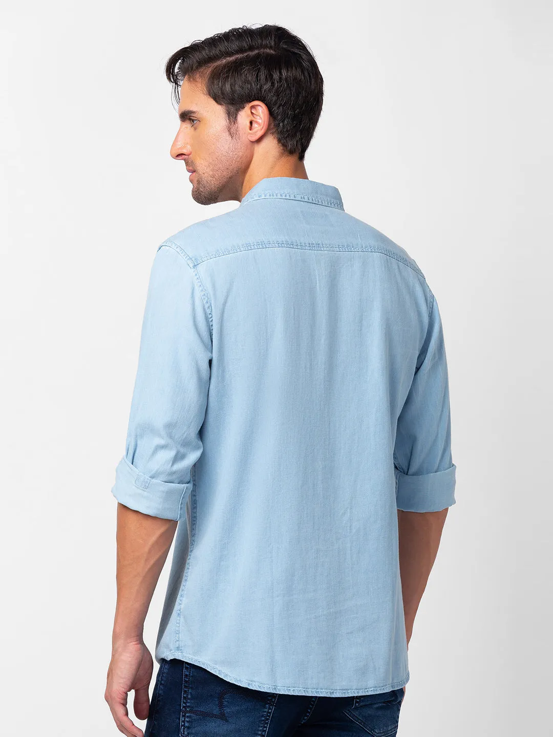 Spykar Men Ice Blue Cotton Slim Fit Denim Shirt