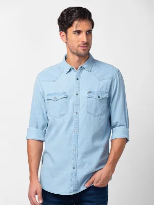 Spykar Men Ice Blue Cotton Slim Fit Denim Shirt