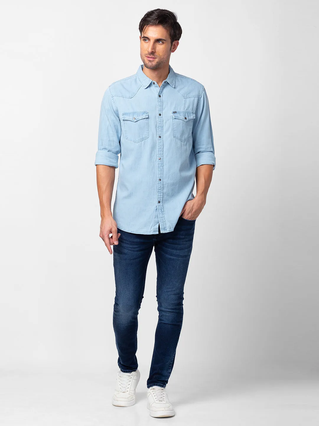 Spykar Men Ice Blue Cotton Slim Fit Denim Shirt