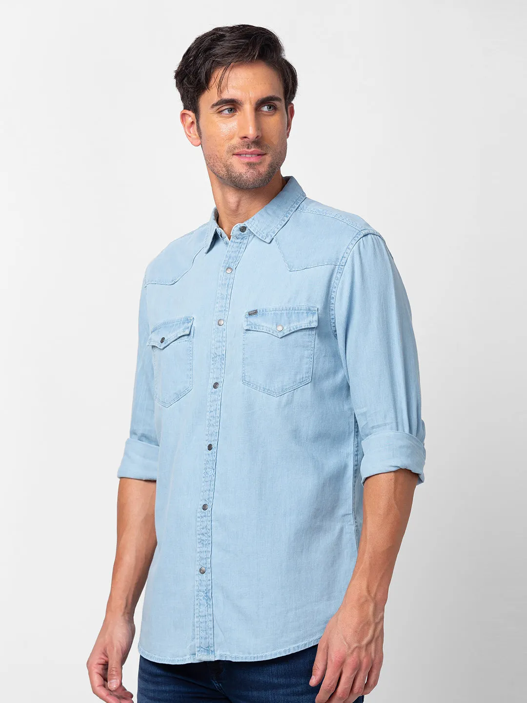 Spykar Men Ice Blue Cotton Slim Fit Denim Shirt