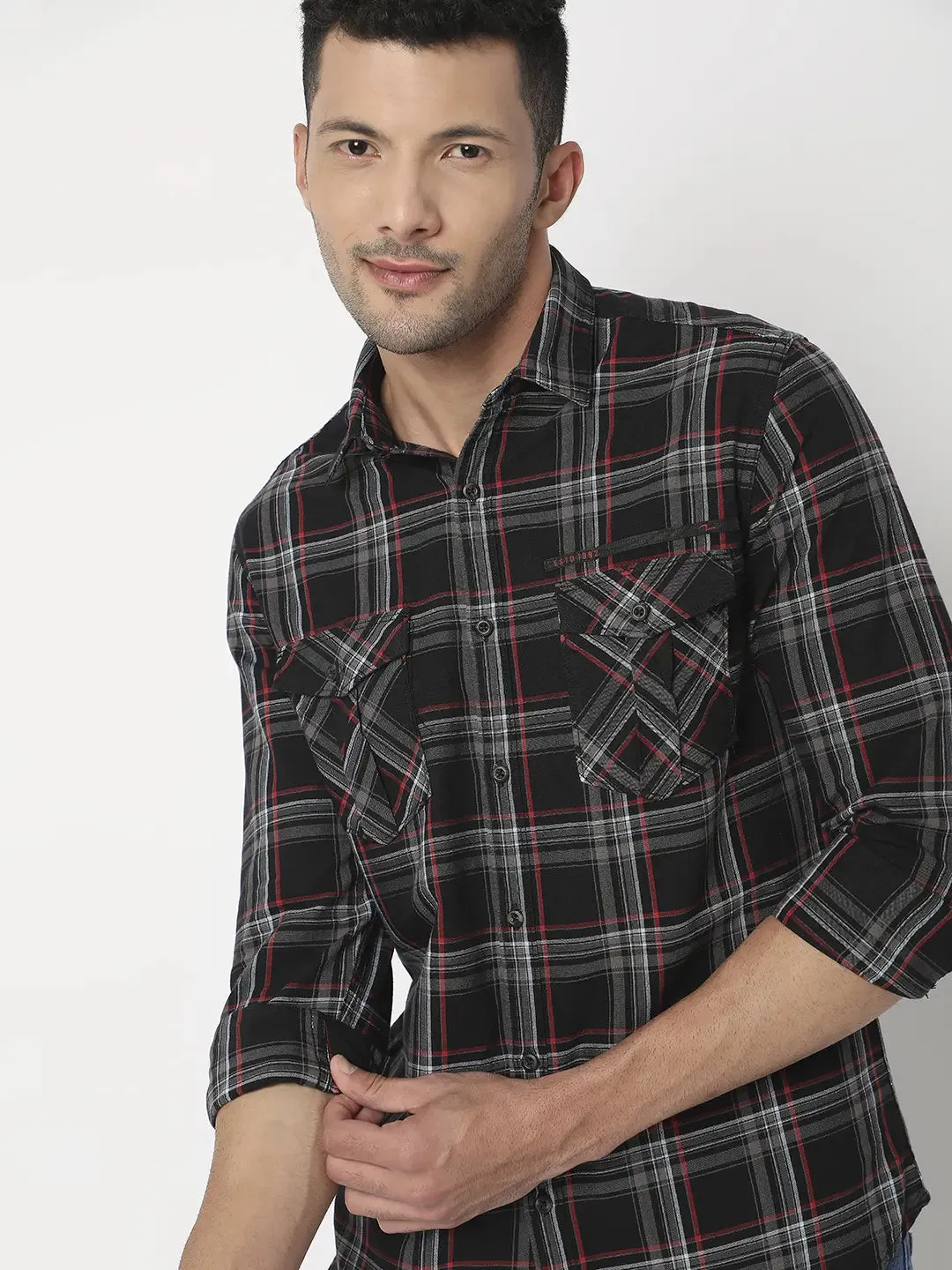 Spykar Men Mud Brown Cotton Slim Fit Checkered Shirt