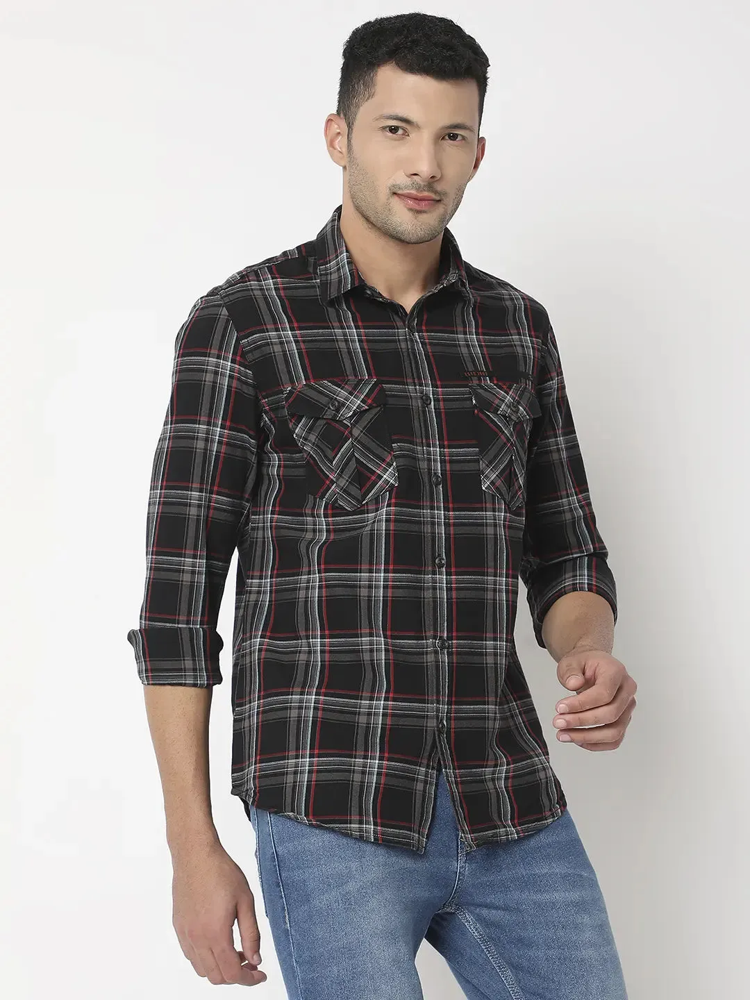 Spykar Men Mud Brown Cotton Slim Fit Checkered Shirt