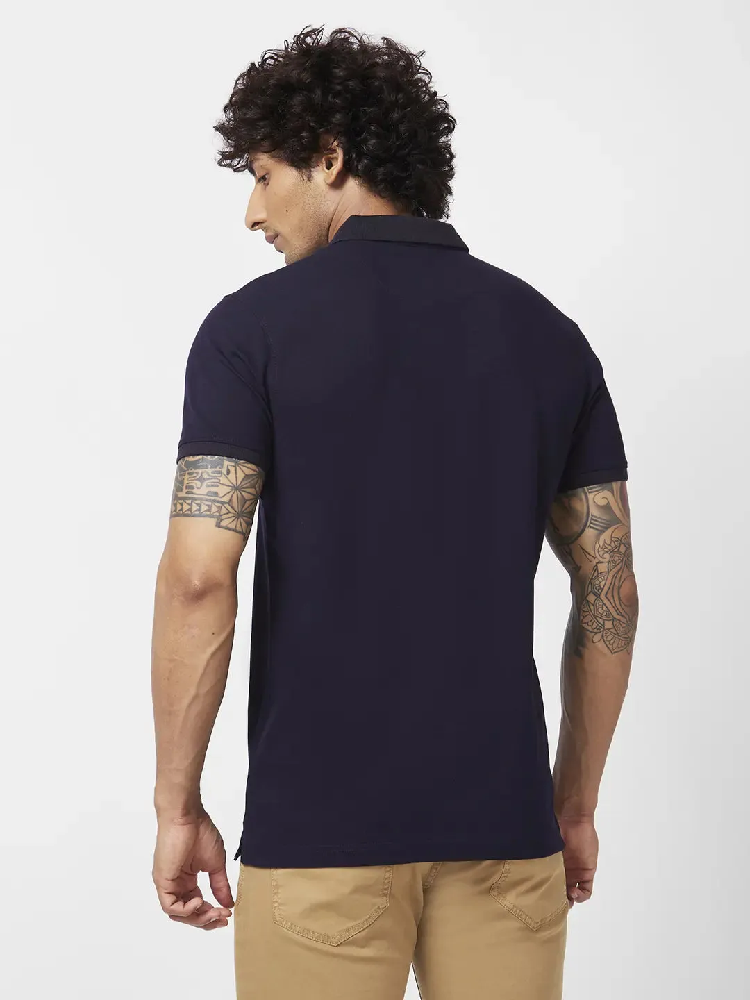 Spykar Men Navy Blue Blended Slim Fit Half Sleeve Polo Neck Printed Tshirt