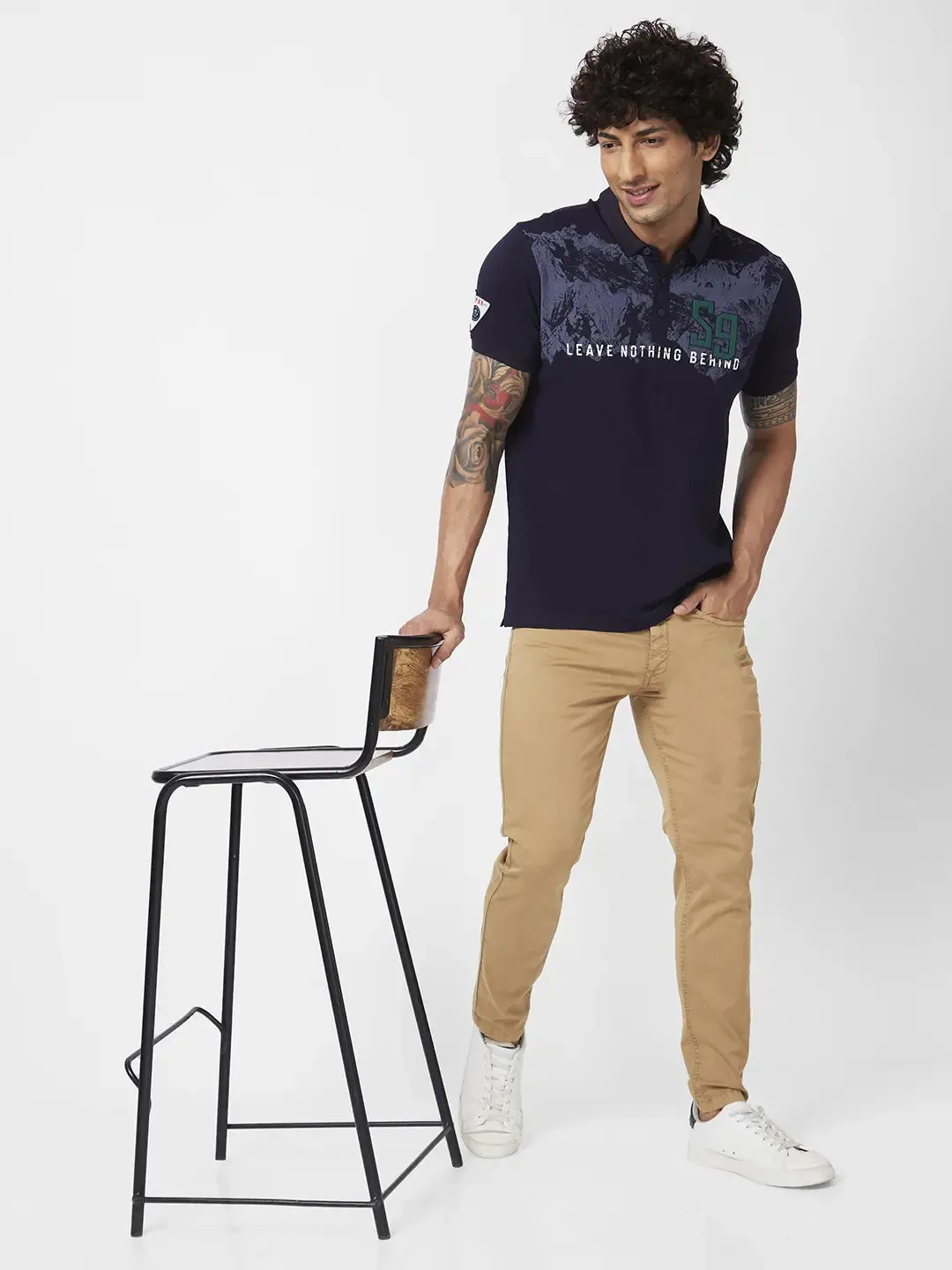 Spykar Men Navy Blue Blended Slim Fit Half Sleeve Polo Neck Printed Tshirt