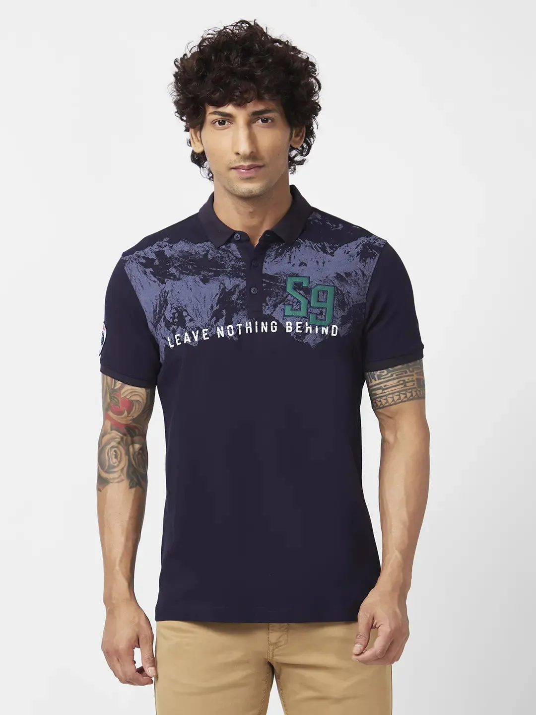 Spykar Men Navy Blue Blended Slim Fit Half Sleeve Polo Neck Printed Tshirt