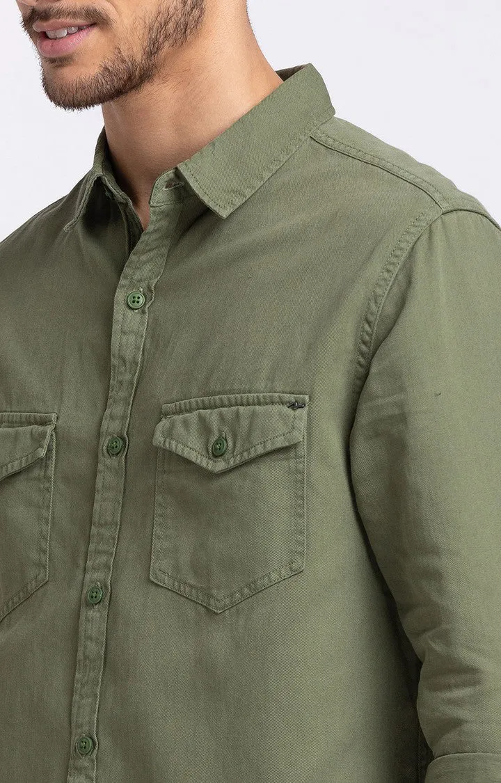 Spykar Men Olive Green Cotton Slim Fit Full Sleeve Plain Cargo Shirt