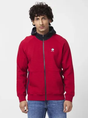 Spykar Men Red Blended Regular Fit Full Sleeve Hooded Plain Sweatshirt