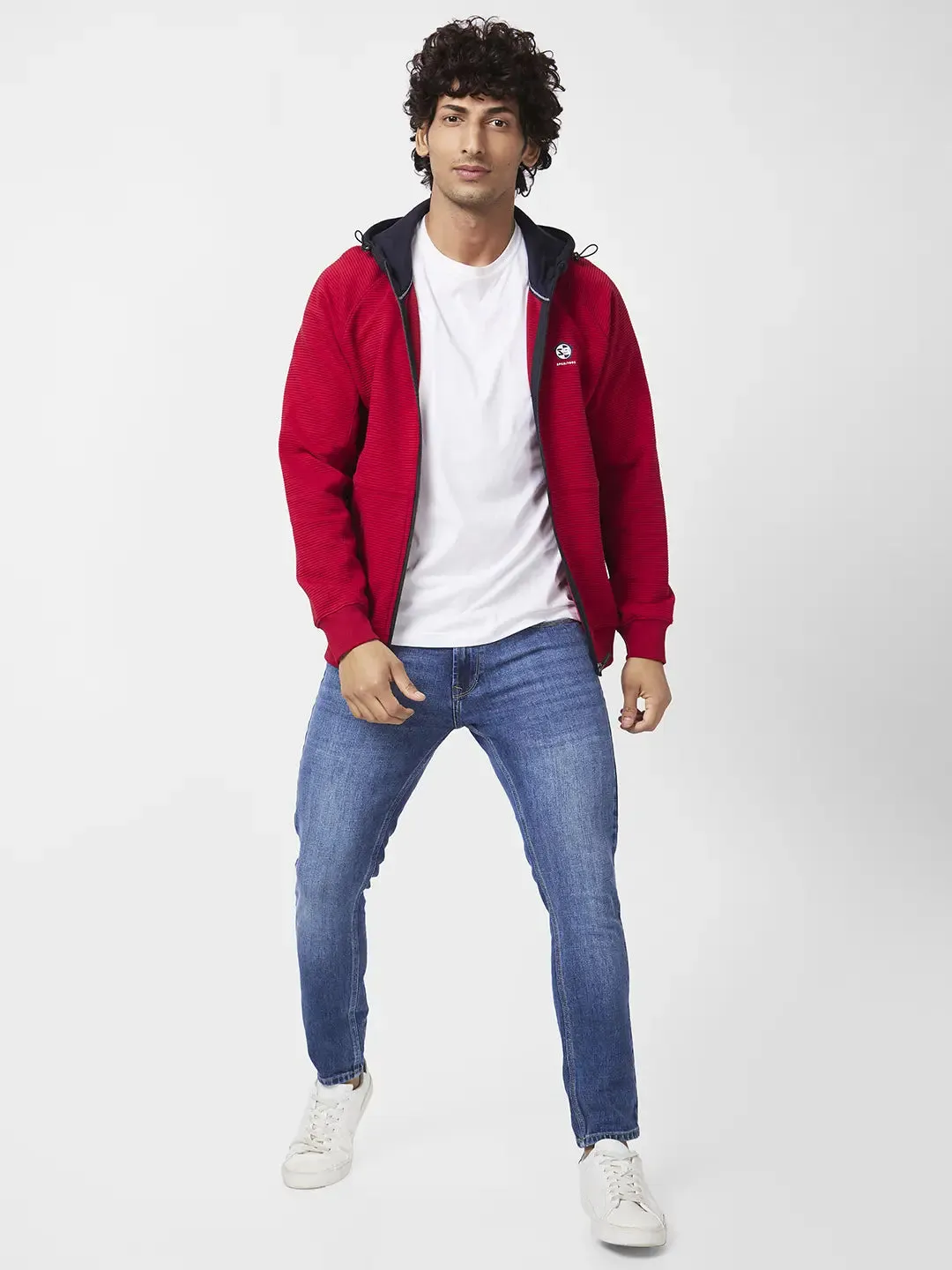 Spykar Men Red Blended Regular Fit Full Sleeve Hooded Plain Sweatshirt