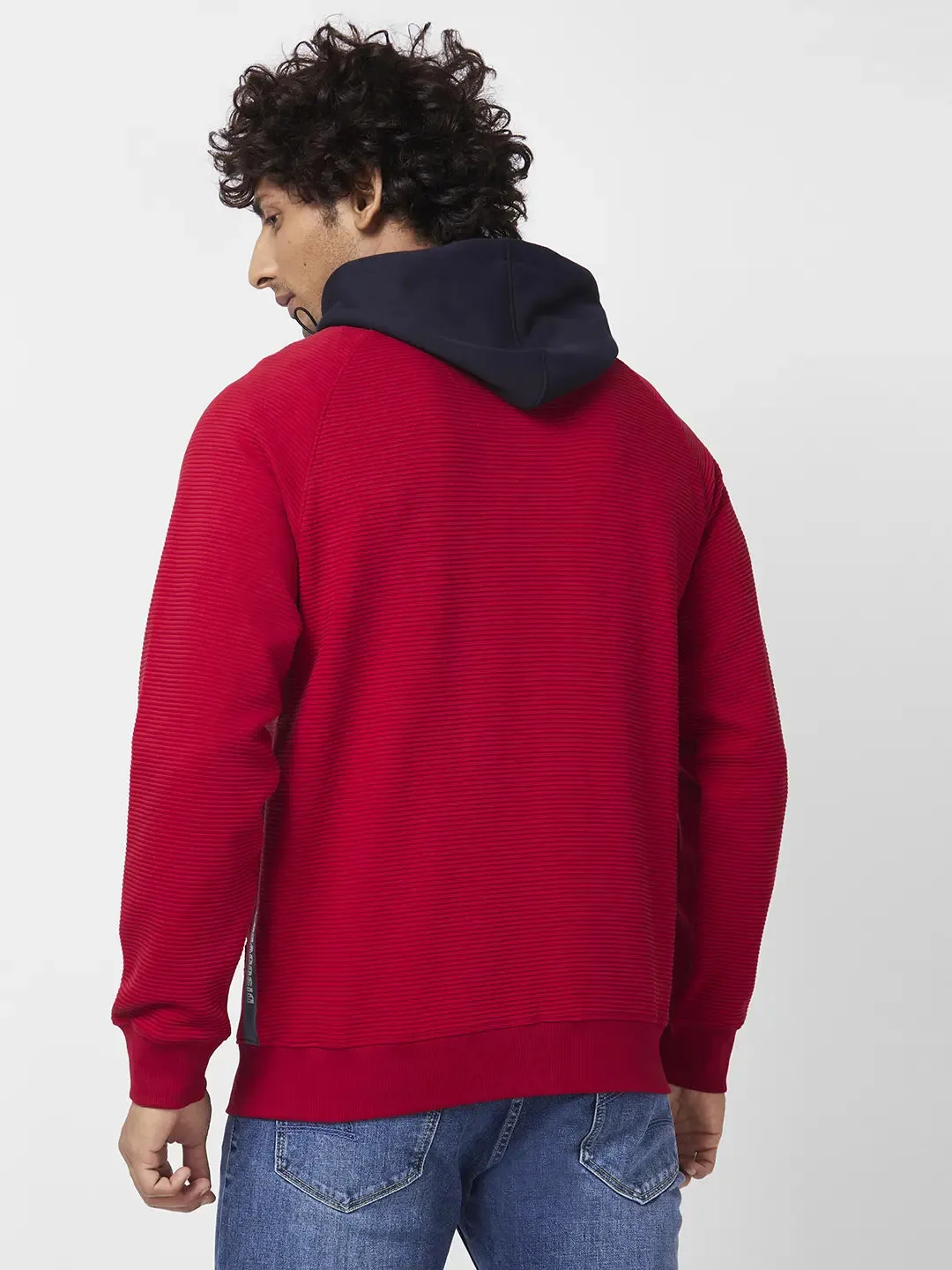 Spykar Men Red Blended Regular Fit Full Sleeve Hooded Plain Sweatshirt