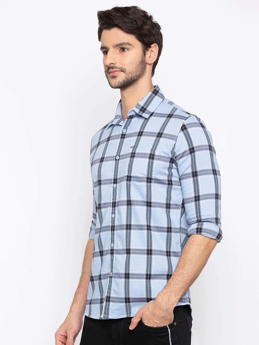 Spykar Men Sky Blue Checked Slim Fit Casual Shirt