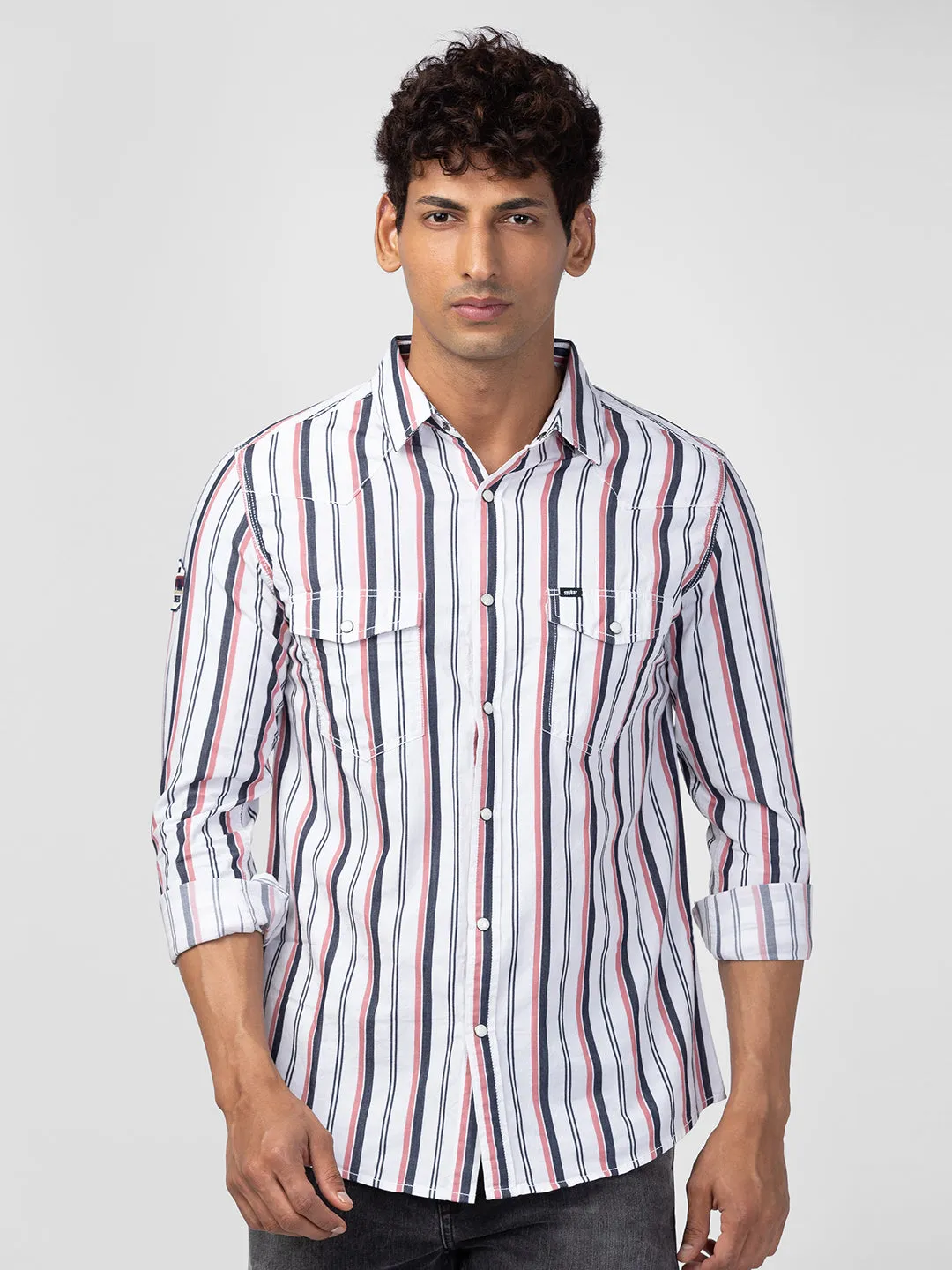 Spykar Men Tan Pink Cotton Slim Fit Striped Shirt