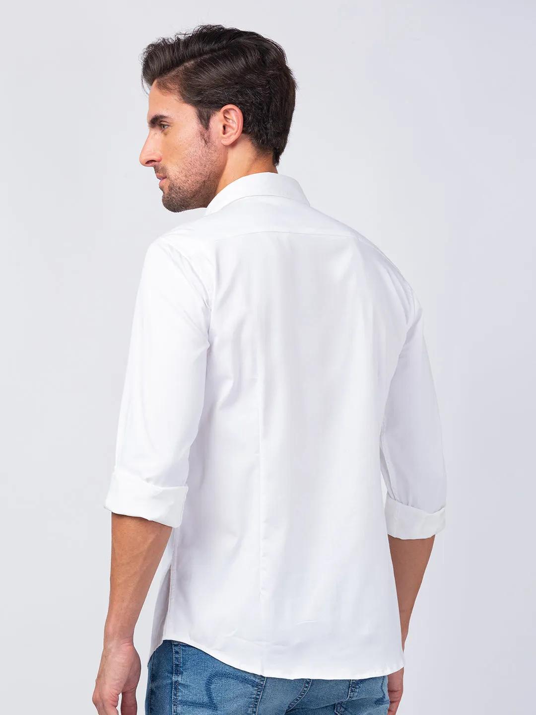 Spykar Men White Cotton Regular Slim Fit Plain Shirt