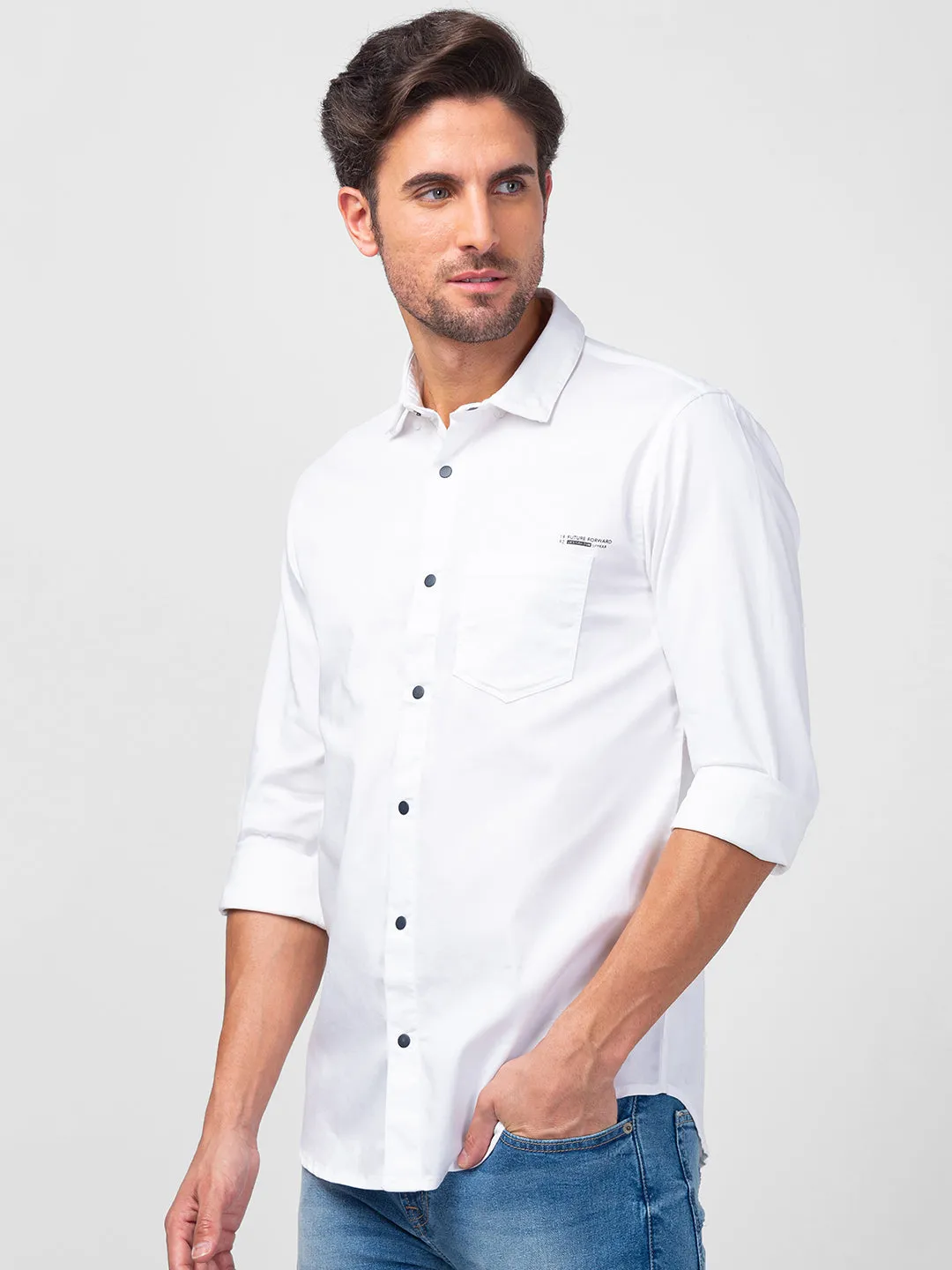 Spykar Men White Cotton Regular Slim Fit Plain Shirt