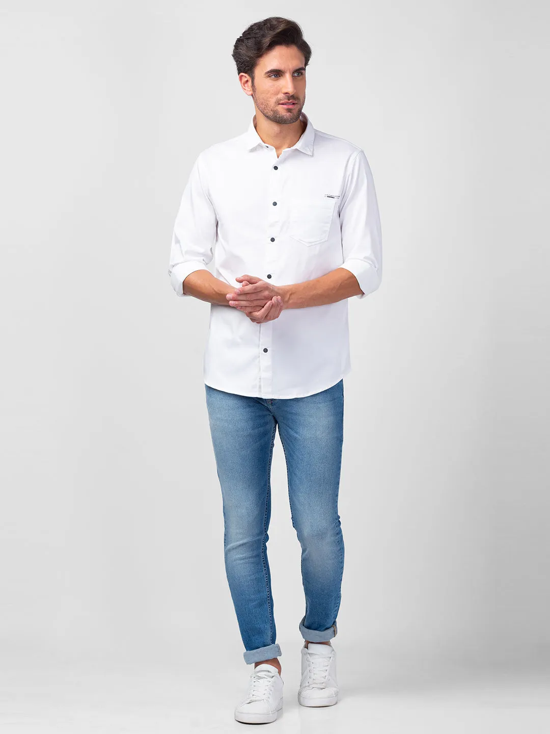 Spykar Men White Cotton Regular Slim Fit Plain Shirt