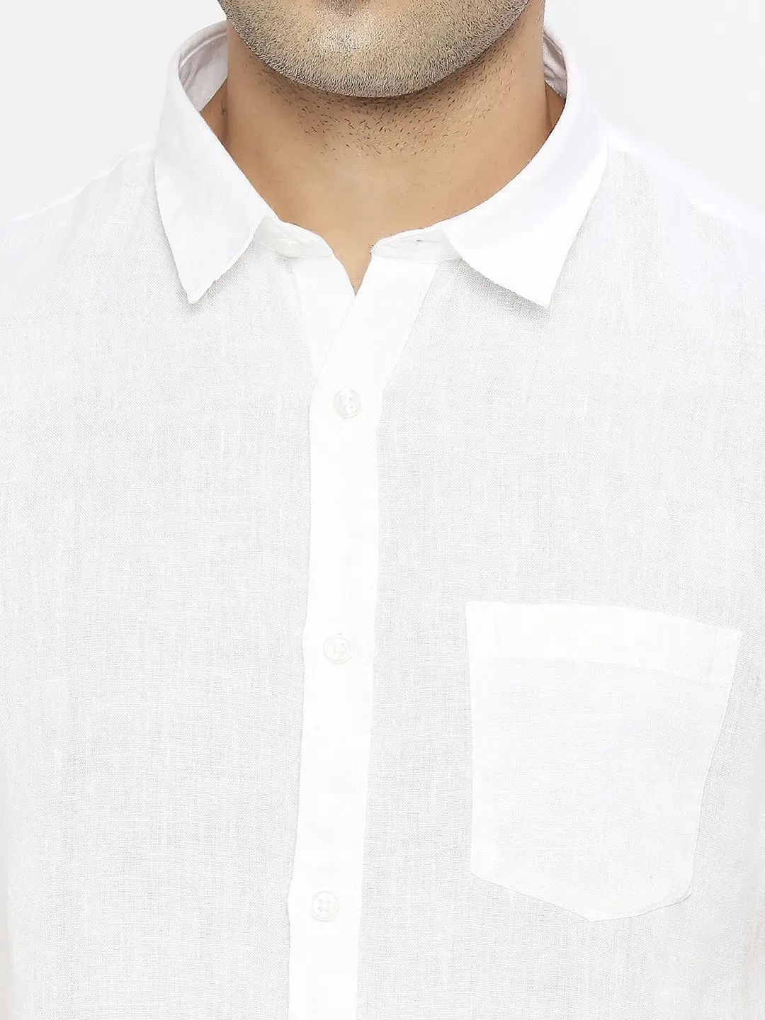 Spykar Men White Linen Slim Fit Half Sleeve Plain Shirt