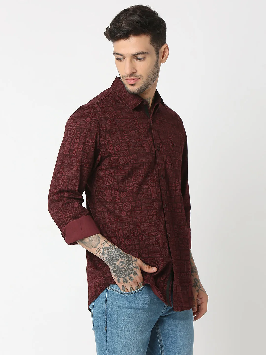 Spykar Men Wine Red Cotton Slim Fit Printed Shirts