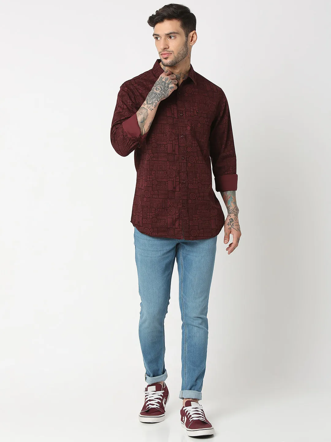 Spykar Men Wine Red Cotton Slim Fit Printed Shirts